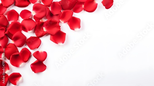 Romantic red rose petals on white background. Flat lay, top view, copy space 