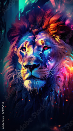 Lion head in rainbow colors.