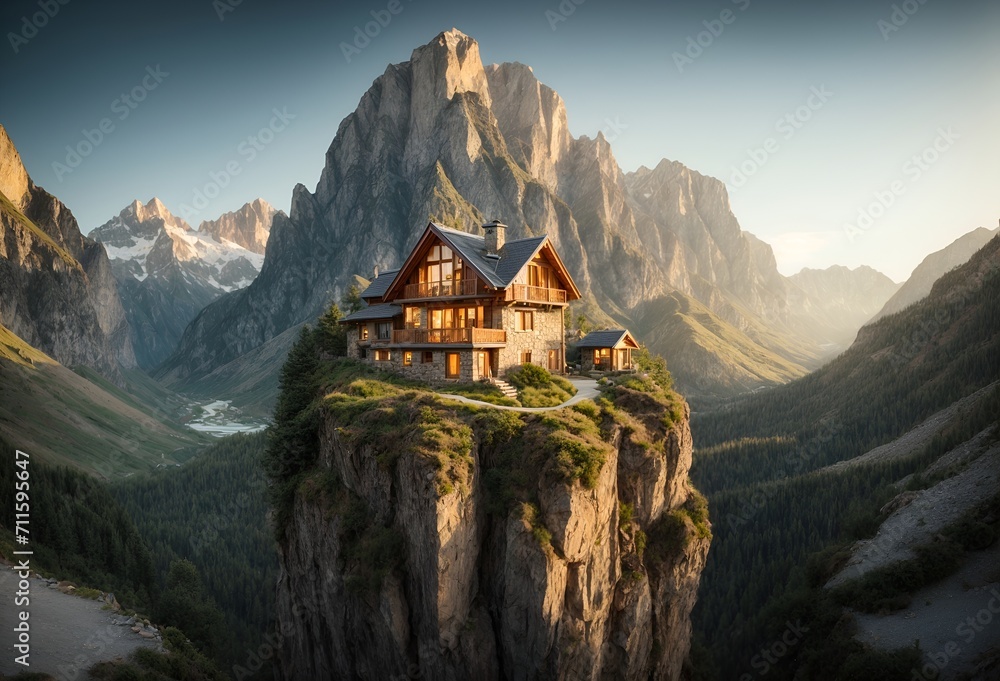 a small, cozy house perched on the edge of a high mountain - obrazy, fototapety, plakaty 