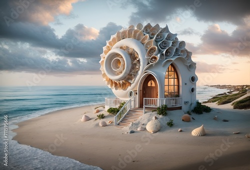 a small, charming house designed in the shape of a seashell photo