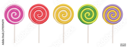Set of colorful sweet lollipops isolated on white background. 3d realistic, swirl, colored sugar candies on stick. 3D Vector illustration.