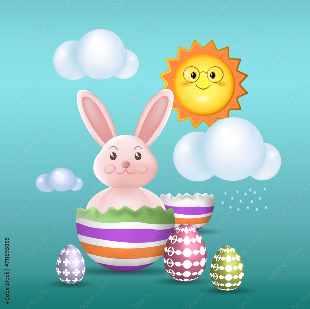 Easter poster template with Easter eggs on a light background. Easter bunny, greetings and gifts for Easter Day