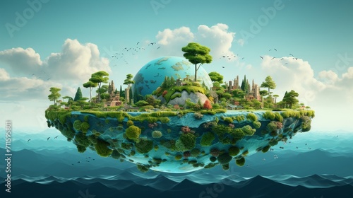 Artistic representation of the earth with contrasting biomes, emphasizing green trees and blue lakes, against a muted green background