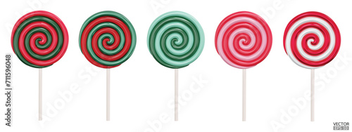 Set of colorful Christmas lollipops isolated on white background. 3d realistic, swirl, colored sugar candies on stick. 3D Vector illustration.