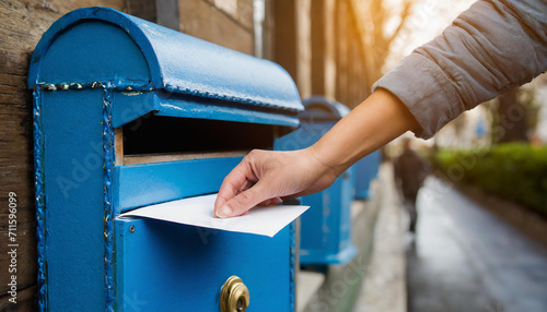 Woman posting a letter in a blue post office postal box photo