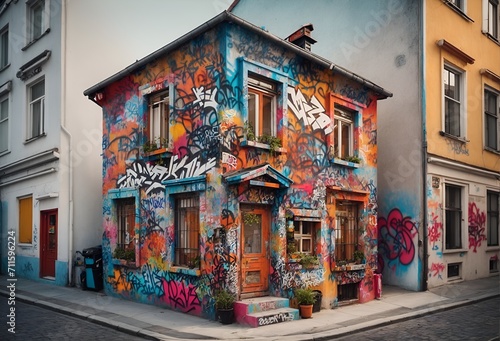 a small, vibrant house adorned with graffiti art © Meeza