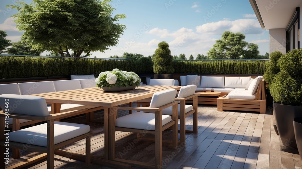 Fototapeta premium Modern terrace with a comfortable dining area, overlooking a manicured hedge and serene outdoor ambiance