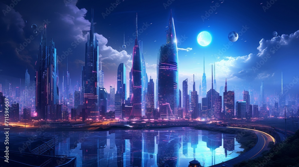 Cyberpunk cityscape at dusk with neon accents and a central monolithic tower Cyberpunk cityscape at dusk with neon accents and a central monolithic tower