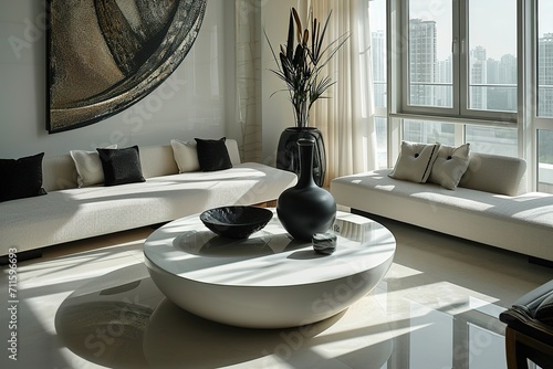 The stylish room features a contemporary, circular coffee table in a white color, adorned with a decorative black sculpture and bowl. The room showcases a beige sofa, complemented by a sleek black