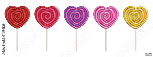 Set of heart colorful sweet lollipops isolated on white background. 3d realistic, swirl, colored sugar candies on stick. Gold lollipop. 3D Vector illustration.