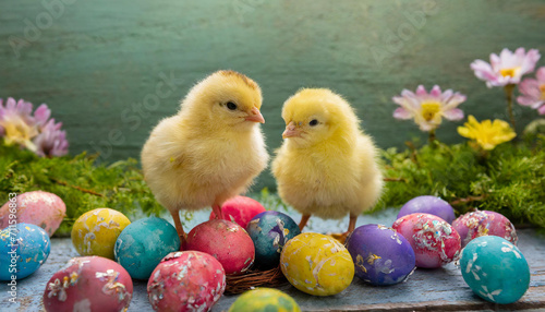cute young  chicks with colorful easter eggs and flowers in the background