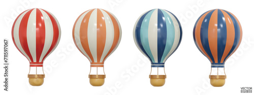 3D Colorful hot air balloons with baskets travel isolated on white background. Summer balloon journey. 3D vector illustration. photo