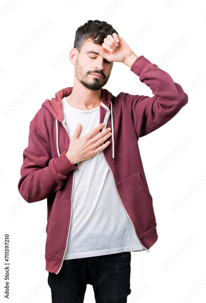 Young handsome man over isolated background Touching forehead for illness and fever, flu and cold, virus sick Young handsome man over isolated background Touching forehead for illness and fever, flu and cold, virus sick
