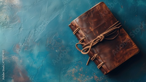 A leather-bound journal on an artistic blue textured backdrop