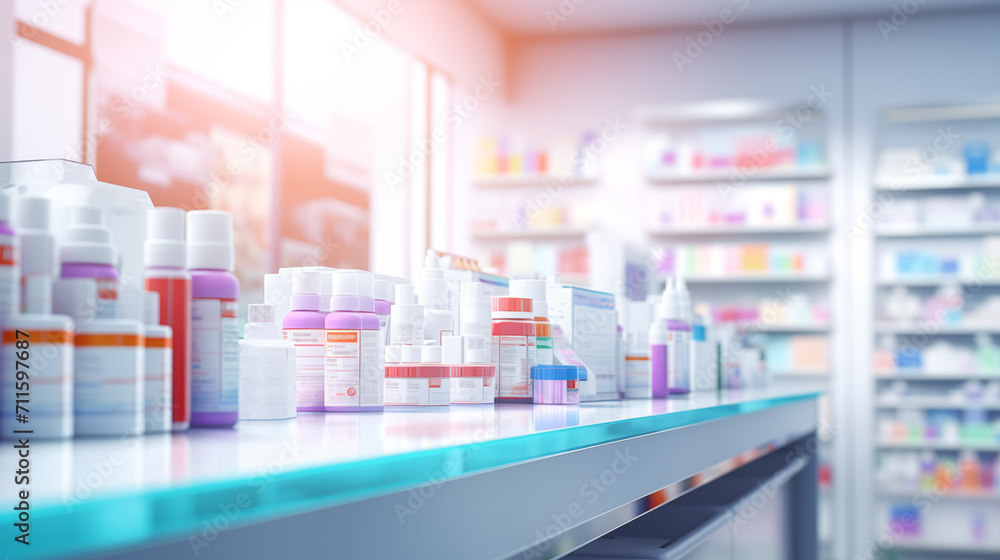 Pharmacy drugstore blur abstract backbround with medicine and healthcare product on shelves