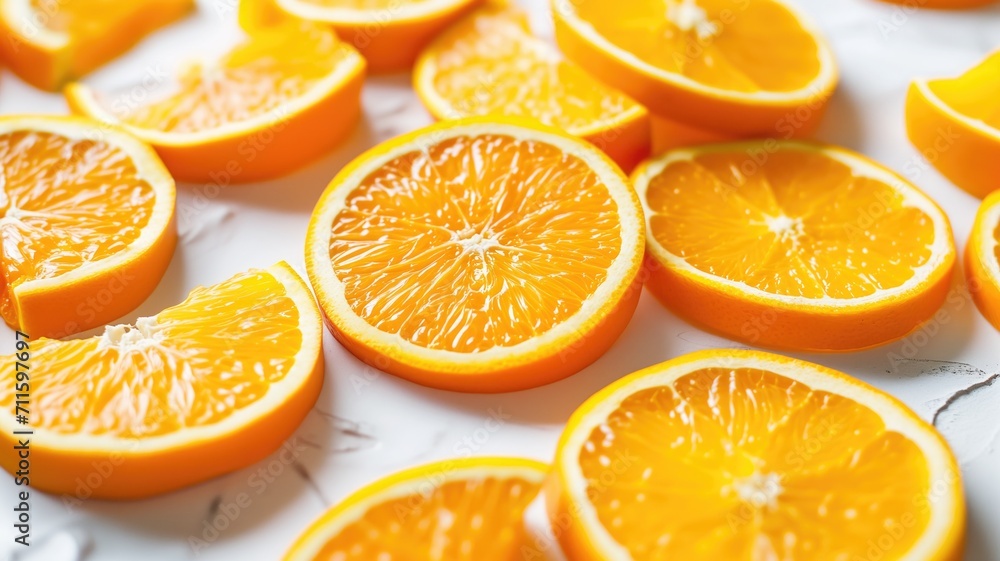 Bright orange citrus slices on white with ample negative space Bright orange citrus slices on white with ample negative space