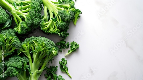 Fresh broccoli florets scattered on a bright white background with ample space photo