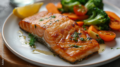  appetizing salmon meal with vegetables white plate