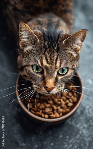 Beautiful cat eating pet food on gray background. Cute domestic animal
