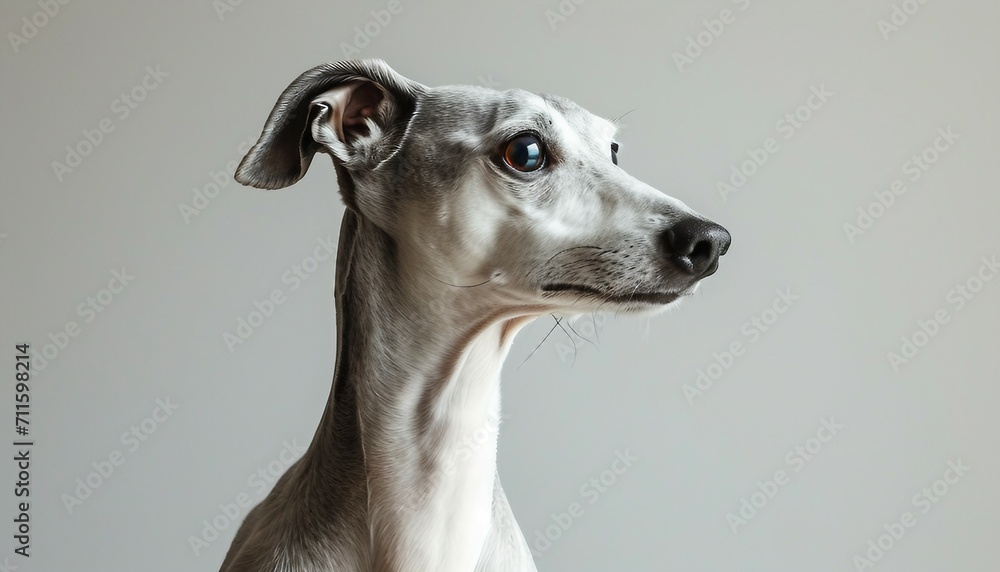 Present the sleek and graceful profile of a Greyhound against a white background, showcasing the breed's elegance and poise. generative AI
