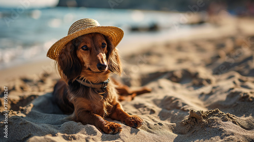 Dachshund in a straw hat resting on the beach