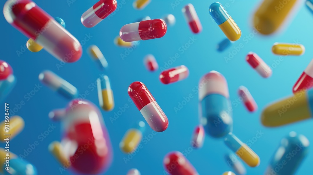 A 3D render of various colorful capsules and pills suspended in mid-air against a vibrant blue background with soft cloud shapes, representing healthcare, medicine, and pharmaceutical concepts. A 3D render of various colorful capsules and pills suspended in mid-air against a vibrant blue background with soft cloud shapes, representing healthcare, medicine, and pharmaceutical concepts.