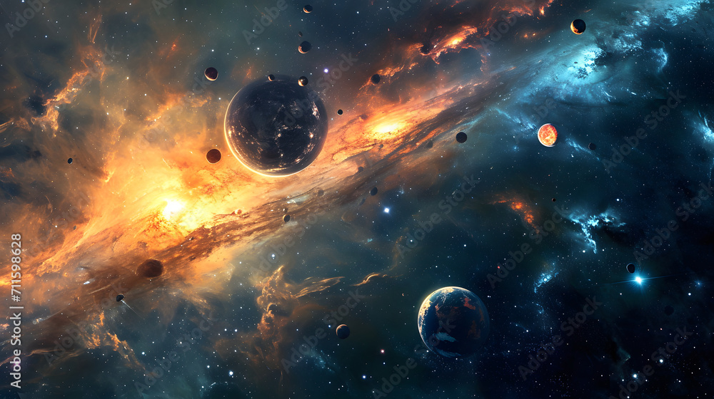 Dramatic Cosmic Scene with Planets and Nebulae