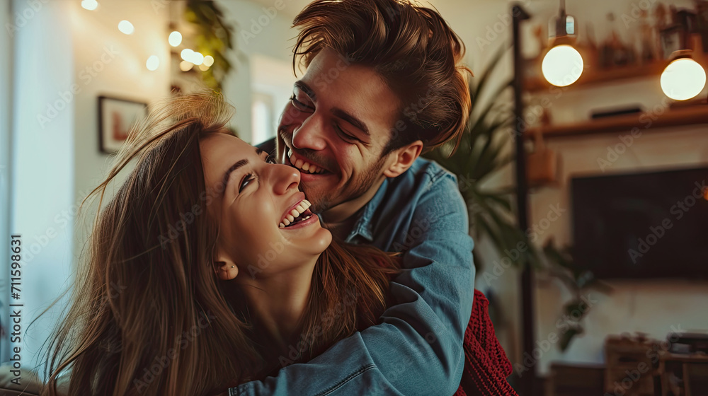 Playful young couple spending carefree time at home together Playful young couple spending carefree time at home together