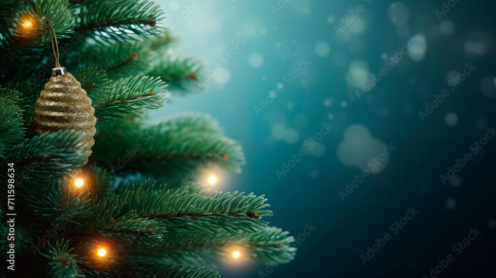 Green spruce branches with garland lights on a blurred blue evening background. Christmas tree decoration. New Year's decor, holiday. Empty space for your text, congratulations. Branches close up