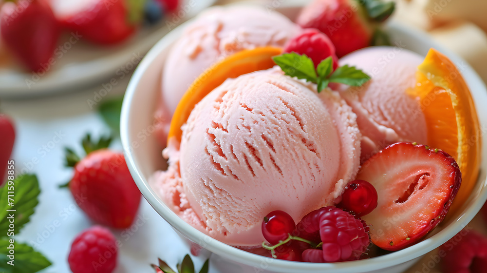 Colorful Fruit Ice Cream Scoops with Fresh Berries Closeup Colorful Fruit Ice Cream Scoops with Fresh Berries Closeup