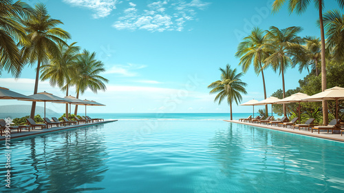 Fantastic poolside, sunset sky, palm trees reflection, Vacation resort hotel  © Katrin_Primak