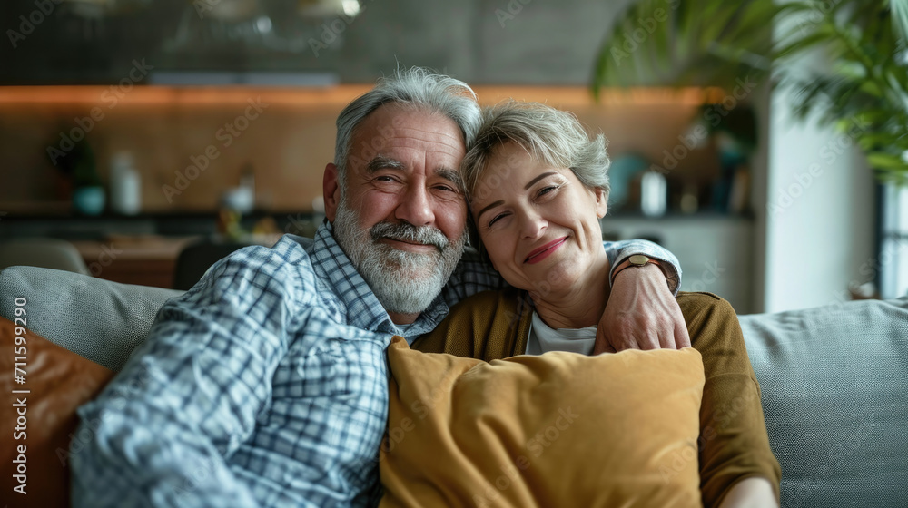 Portrait, hug and senior couple on sofa for bonding, healthy marriage and relationship in living room. Retirement, love and happy man and woman on couch embrace for trust, commitment and care at home Portrait, hug and senior couple on sofa for bonding, healthy marriage and relationship in living room. Retirement, love and happy man and woman on couch embrace for trust, commitment and care at home
