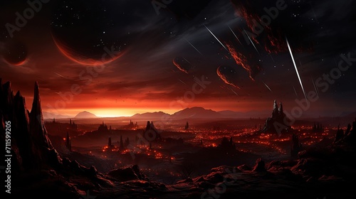 Apocalyptic vision of a meteor shower raining down on a desolate landscape, with a dramatic, fiery skyline
