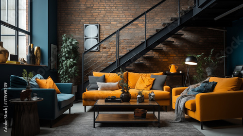 Modern interior of a bright studio apartment with a sofa and stairs to the second level a psychologist's office, brick walls, modern contemporary style