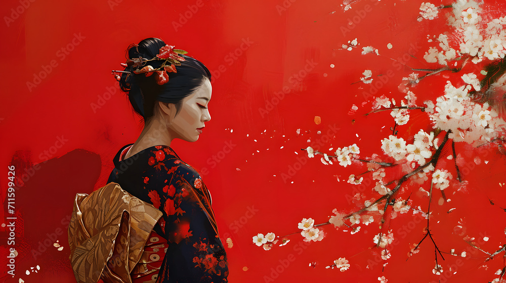 Elegant Geisha in Kimono with Cherry Blossoms on Red Background Elegant Geisha in Kimono with Cherry Blossoms on Red Background