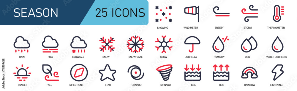 season icon set.2 line color style.contains snowfall,wind meter,wind,storm,temperature,fog,rain,rainbow,lightning.editable stroke.