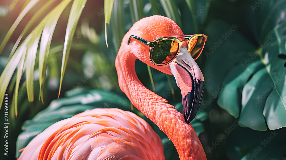 Obraz premium Stylish Flamingo Wearing Sunglasses Tropical Summer Concept