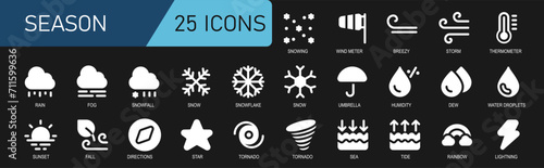 season icon collection.white style.contains snowfall,wind meter,wind,storm,temperature,fog,rain,snowflakes,umbrella,sea tide,rainbow,lightning.good for weather forecast.