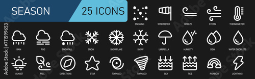 season icon set.white outline style. Contains snowfall,wind meter,wind,storm,temperature,fog,rain,snowflakes,umbrella,humidity. Suitable for web and applications. 