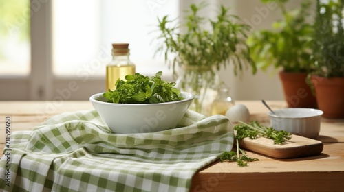 Country kitchen setup with fresh herbs scattered on a white wooden table and a classic checkered green towel