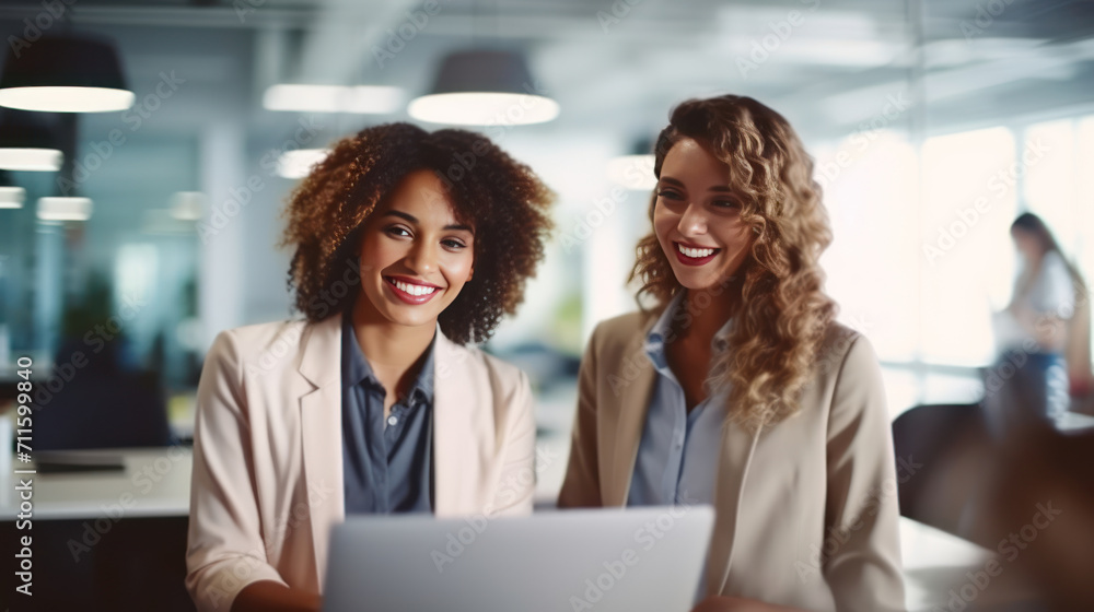 Happy multiethnic smiling business women working together in office. Happy multiethnic smiling business women working together in office.