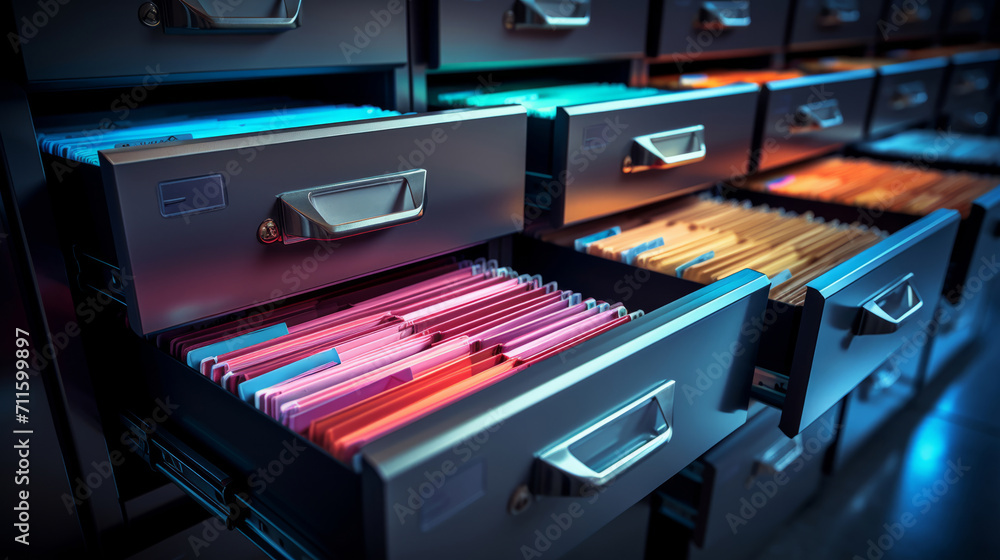 Close-up of an open metal filing drawer with folders organized inside, office efficiency theme - obrazy, fototapety, plakaty 
