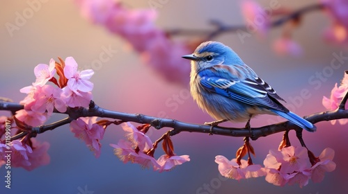 Vibrant songbird perched on a flowering branch in the first light of dawn