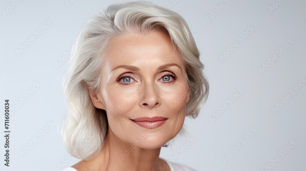 Beautiful gorgeous 50s mid aged mature woman looking at camera isolated on white. Mature old lady close up portrait. Healthy face skin care beauty, middle age skincare cosmetics, cosmetology concept. Beautiful gorgeous 50s mid aged mature woman looking at camera isolated on white. Mature old lady close up portrait. Healthy face skin care beauty, middle age skincare cosmetics, cosmetology concept.
