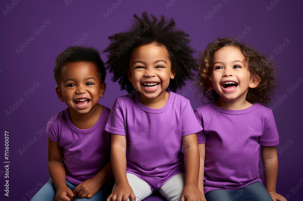 Portrait of three laughing Toddler children of different races on ...