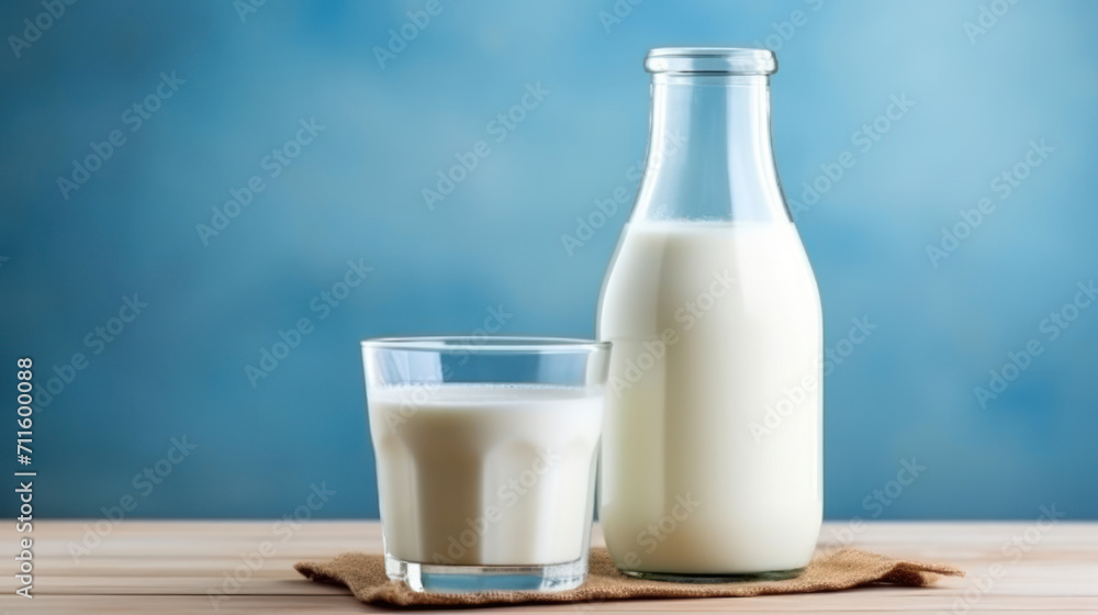 A bottle of milk and glass of milk on a wooden table on a blue background. A bottle of milk and glass of milk on a wooden table on a blue background.