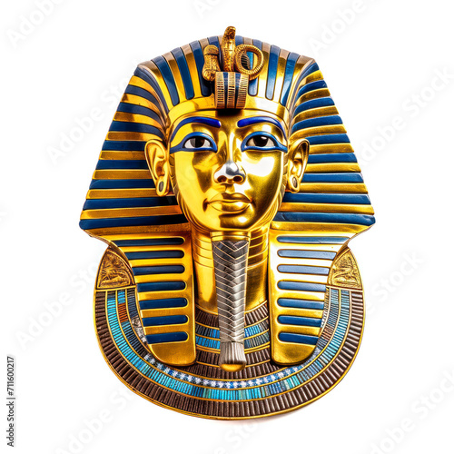 Ägyptische Grabmaske aus Gold, Tutanchamun, freigestellt vor weissem Hintergrund, Generative AI photo