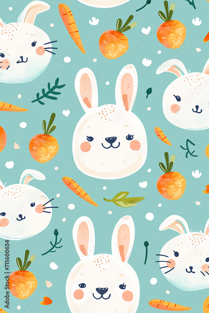 Seamless pattern with white Easter bunnies heads and carrots on a blue background. Seamless pattern with white Easter bunnies heads and carrots on a blue background.