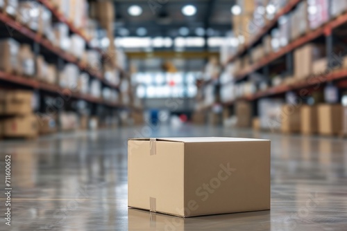 A cardboard box with a blurred large warehouse of goods in the background. AI generative