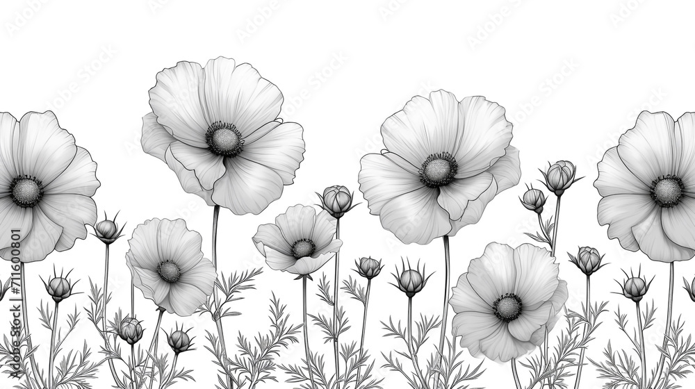 Fototapeta premium Black and white illustration of a tiny small flower that is blooming with a white background. Minimalist style.